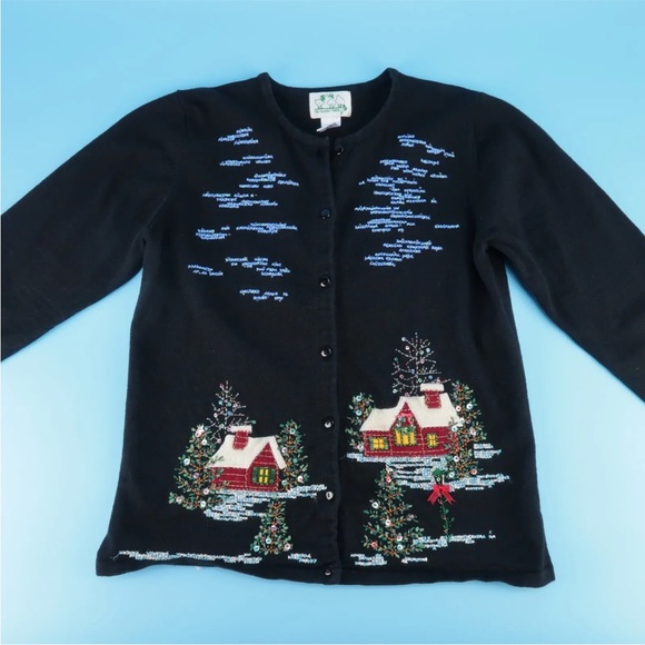 The Quaker Factory VTG Embroidered Christmas Winter Scenery Sweater Size M - Picture 1 of 6
